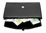 Black briefcase with money on a white background
