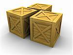 3d illustration of three wooden crates over white background