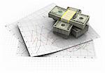 3d illustration of business diagrams and money stack over white background
