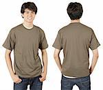 Young male with blank chestnut t-shirt, front and back. Ready for your design or logo.