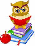 Cartoon wise owl. sitting on Pile book and red apple
