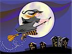 Cartoon young witch flying on a broom in moonlight