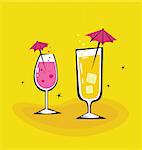 Cocktail glasses in retro style isolated on orange background. Take hot summer mixed drinks! Vector illustration.