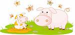 A mother pig and piglet sheep on the  meadow. Farm animals team