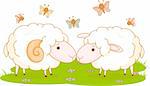 Ram and sheep on the  meadow. Farm animals team