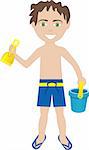 Vector of brunette boy in swimsuit with sand bucket and shovel.
