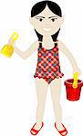 Vector of Asian girl in swimsuit with sand bucket and shovel.