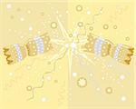 a hand drawn illustration of a christmas cracker being pulled apart with stars and streamers on a gold background