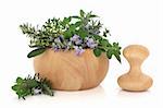 Herb leaf selection of golden thyme, oregano, purple sage, mint and  rosemary in flower in a beech wood mortar with pestle, isolated over white background.