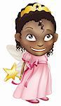 An illustration of a young black girl dressed in a fairy princess costume, with a crown, star wand and butterfly wings