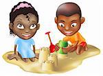 An illustration of two black ethnic chidlren playing on the sand