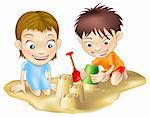 A illustration of two children playing in the sand, making sandcastles