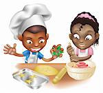 An illustration of two children having fun in the kitchen