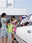 two women standing by limousine and looking at shopping bags. Vertical shape, copy space