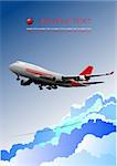 Aircraft poster with passenger airplane image. Vector illustration