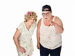 Snickering older couple with dirty clothes on white background