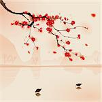 Plum blossom above the water with birds drinking water. Vectorized brush painting.