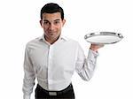 A waiter or bartender, or servant holding a round silver tray and smiling.  White background.