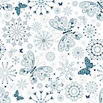 Seamless white christmas pattern with blue snowflakes and butterflies (vector)