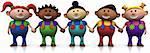 five colorful multi-ethnic cartoon kids holding hands -  3d rendering/illustration