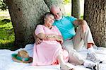 Beautiful senior couple relaxes in the shade at the park.