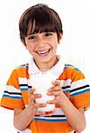 Young kid holding a glass of milk isolated on white background