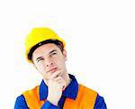 Pensive white collar worker with a hardhat against white background