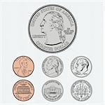 Vector quarter, dime, nickel, and penny. All on a seamless background.