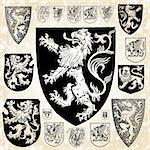 Detailed gothic vector shields. Features lions, dragons, unicorns, and other mythical animals