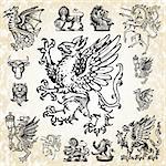 Set of detailed mythical animal vectors. Dragons, lions, griffins, eagles and more.