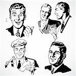 Vintage vector advertising illustrations of happy businessmen.