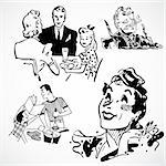 Vintage vector advertising illustrations of families at home.