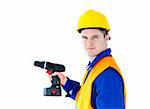 Assertive male worker holding a tool looking at the camera against white background