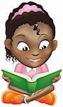 Illustration of a young sweet black girl child happily reading a book