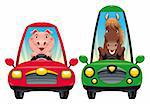 Animals in the car: Pig and Horse. Funny cartoon vector isolated characters.