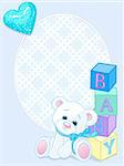 Blue design with Teddy Bear and word "baby" spelled out by blocks. Arrival card