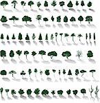 Set of vector silhouettes of trees and bushes with shadows