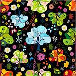 Seamless floral dark pattern with trees, flowers and butterflies (vector)