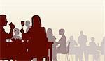 Editable vector silhouette of people eating in a restaurant