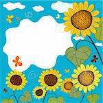 Summer background with sunflowers, the sky and butterflies (vector)