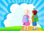Back to school.  Illustration of girl and boy go to school