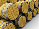 3d illustration of wooden barrels, wine warehouse