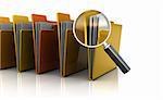 3d illustration of documents folders row with magnify glass