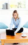 Glowing businesswoman using her laptop sitting on a sofa at home