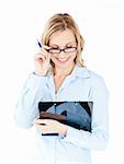 Glowing businesswoman wearing glasses and holding a clipboard against a white background