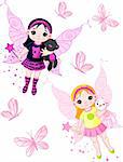 Two cute fairies   blond and brunette, flying with butterflies