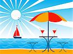 vector background with beach umbrella, drinks on table and sailboat, Adobe Illustrator 8 format
