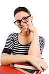 pretty and young student with big funny glasses near some books smiling in camera