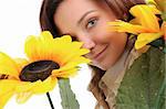 Woman and flower. Isolated over white.