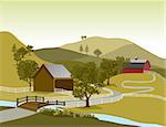 Illustration of a typical American farm scene with two barns.
